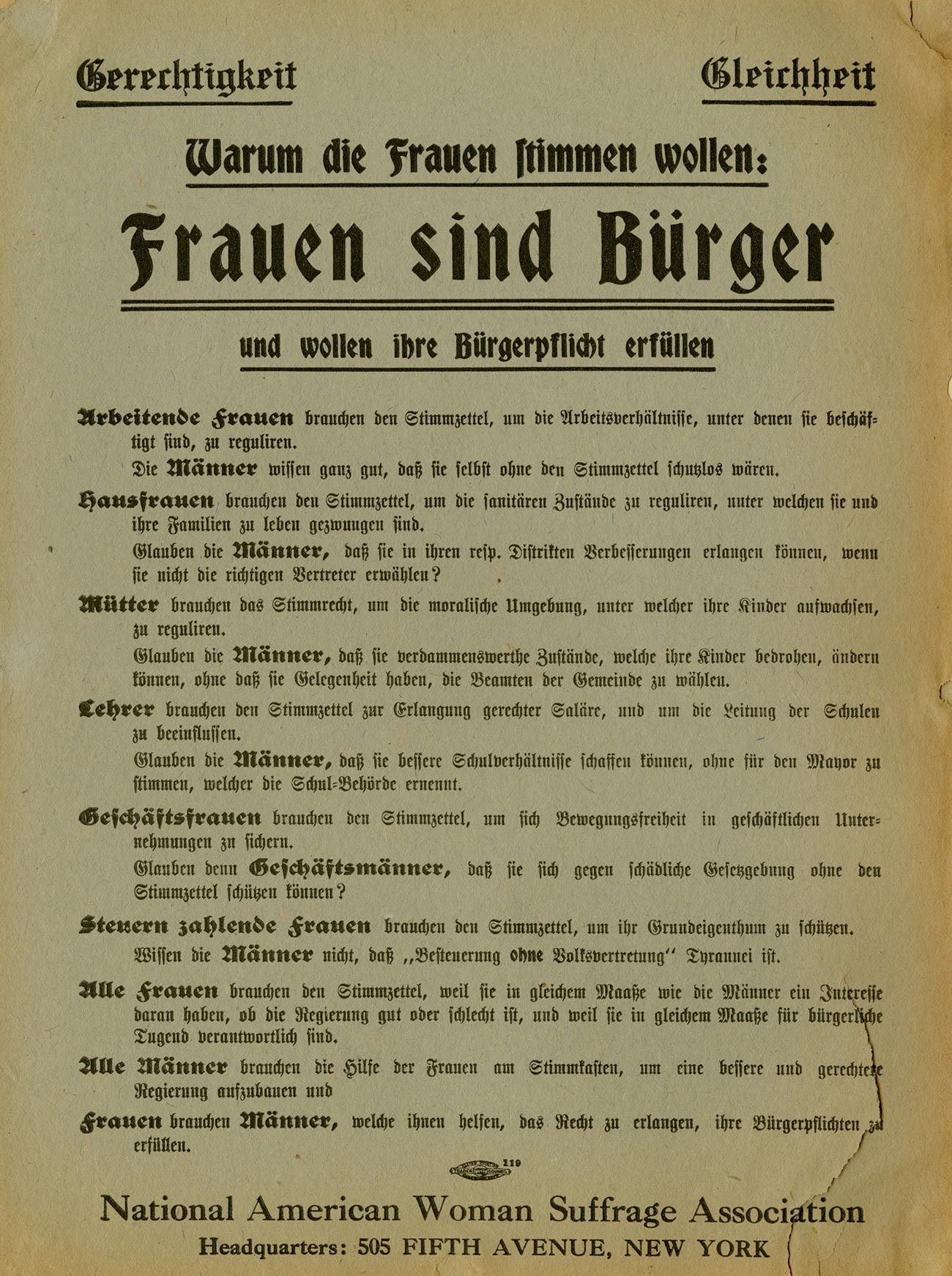 German-language woman suffrage flier with headline Frauen sind Bürger (Women are Citizens).