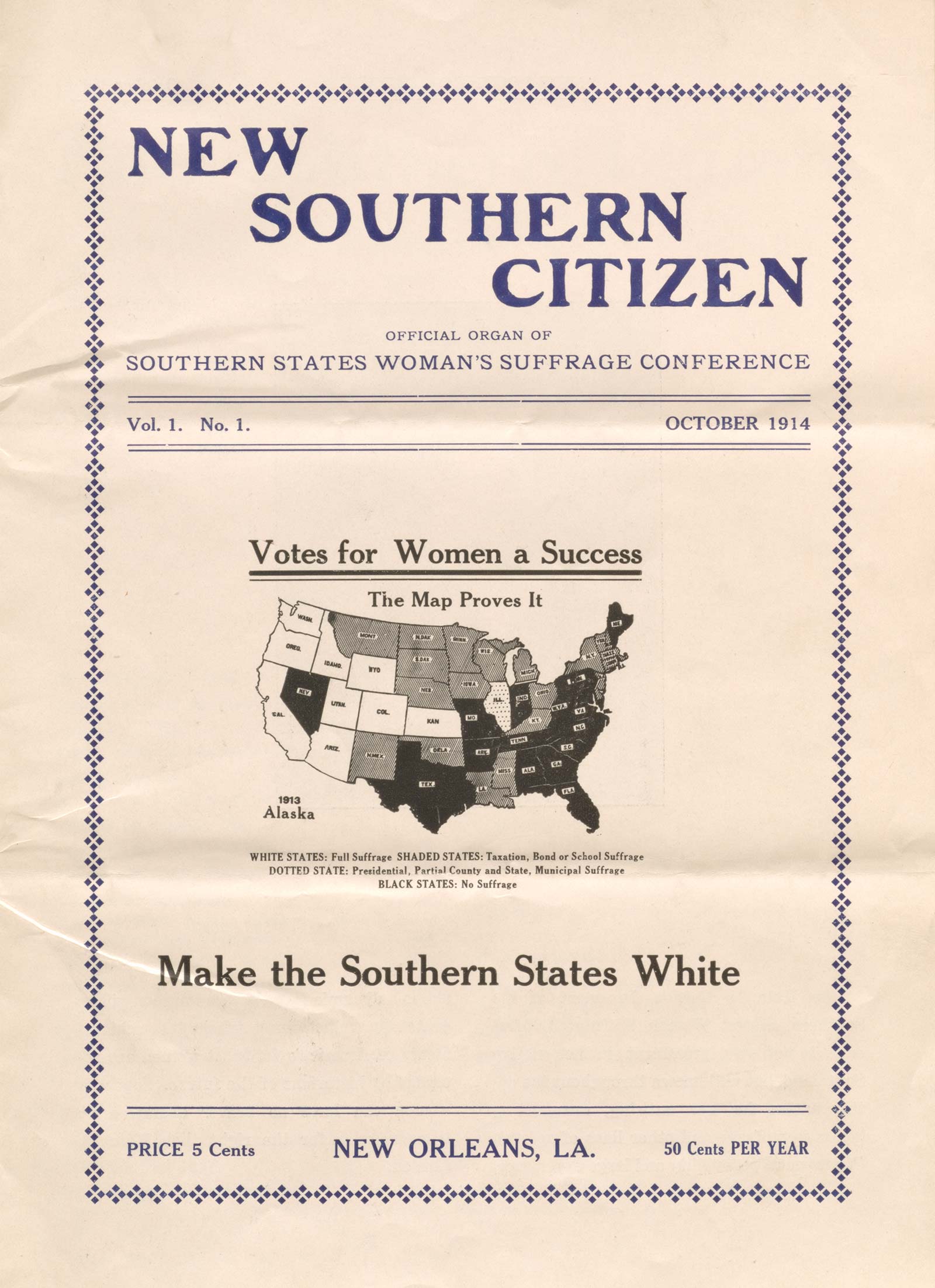 1914 political flyer from the Southern States Woman’s Suffrage Conference in New Orleans, Louisiana with United States map titled: Votes for Women a Success.